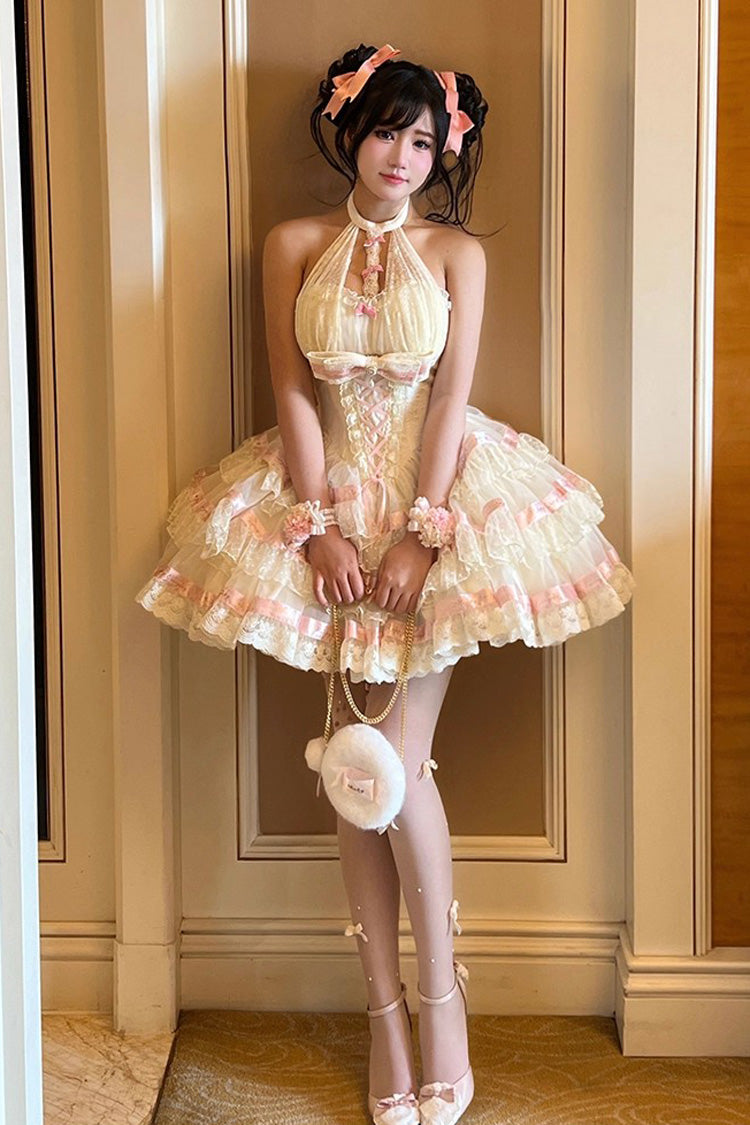 Beige Ballet Dream Halterneck Triple-Layered Ruffle Bowknot Lace-Up Sweet Princess Lolita Dress