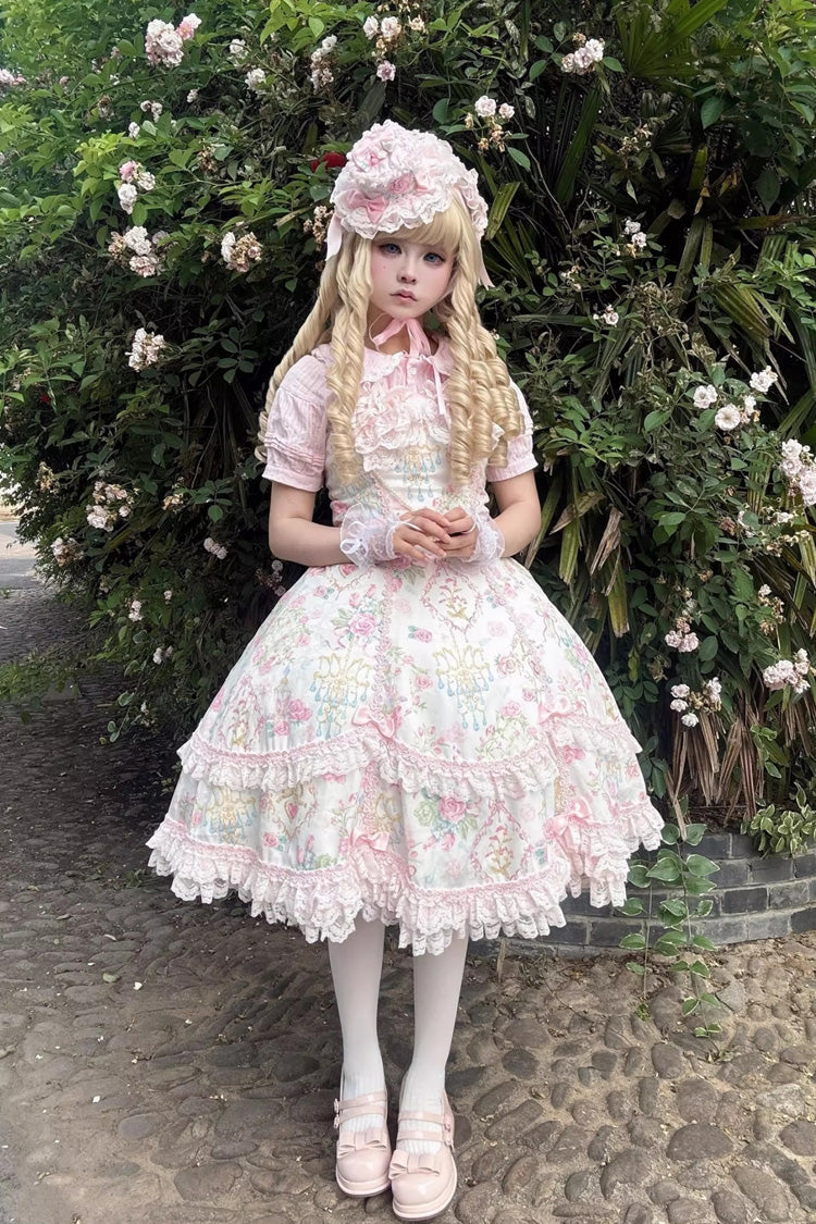 White/Pink Sleeveless Flower Wall Print Ruffle Bowknot Lace Sweet Lolita Jsk Dress
