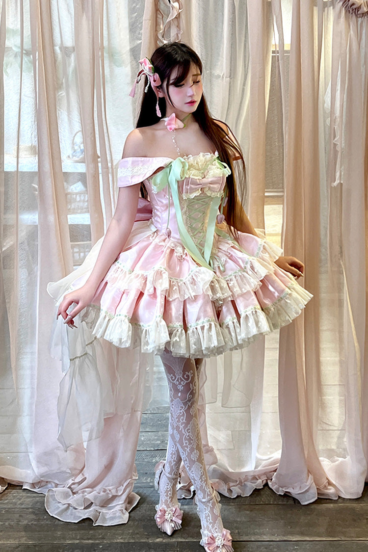 Pink Tulip Love Song Boat Neck Double-Layered Ruffle Bowknot Lace Lace-Up Romantic Sweet Princess Lolita Dress
