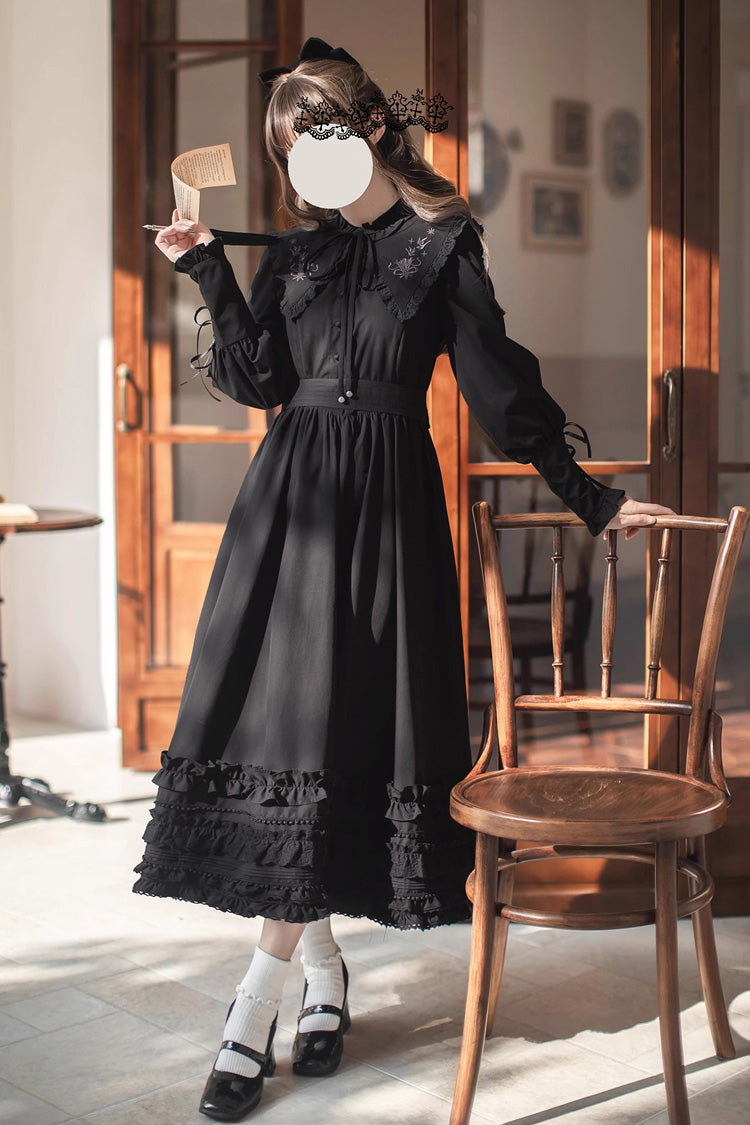 Black Wind Kissed Tulips Long Sleeves Ruffle Embroidery Bowknot Gothic Vintage Elegant Lolita Dress