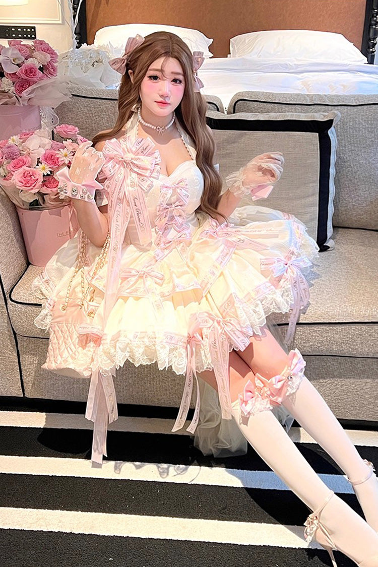 Pink Young Lady Halterneck Sleeveless Multi-Layered Ruffle Bowknot Elegant Princess Sweet Lolita Dress