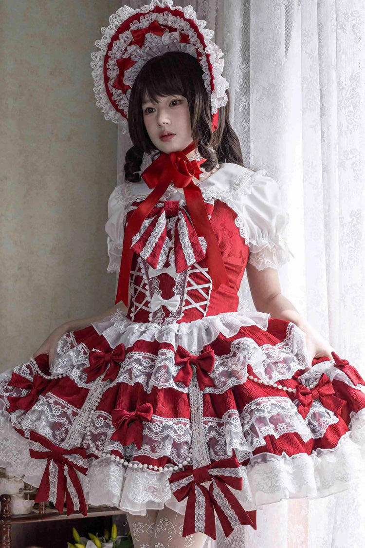 Red Small Cakes Sleeveless Multi-Layered Ruffle Bowknot Lace Sweet Lolita Jsk Dress