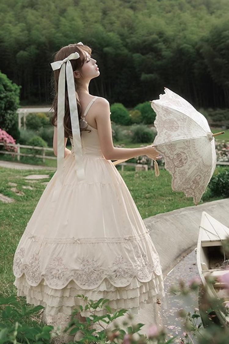 Apricot Fantasy Butterfly Triple-Layered Ruffle Embroidery Bowknot Lace Sweet Princess Lolita Jsk Dress