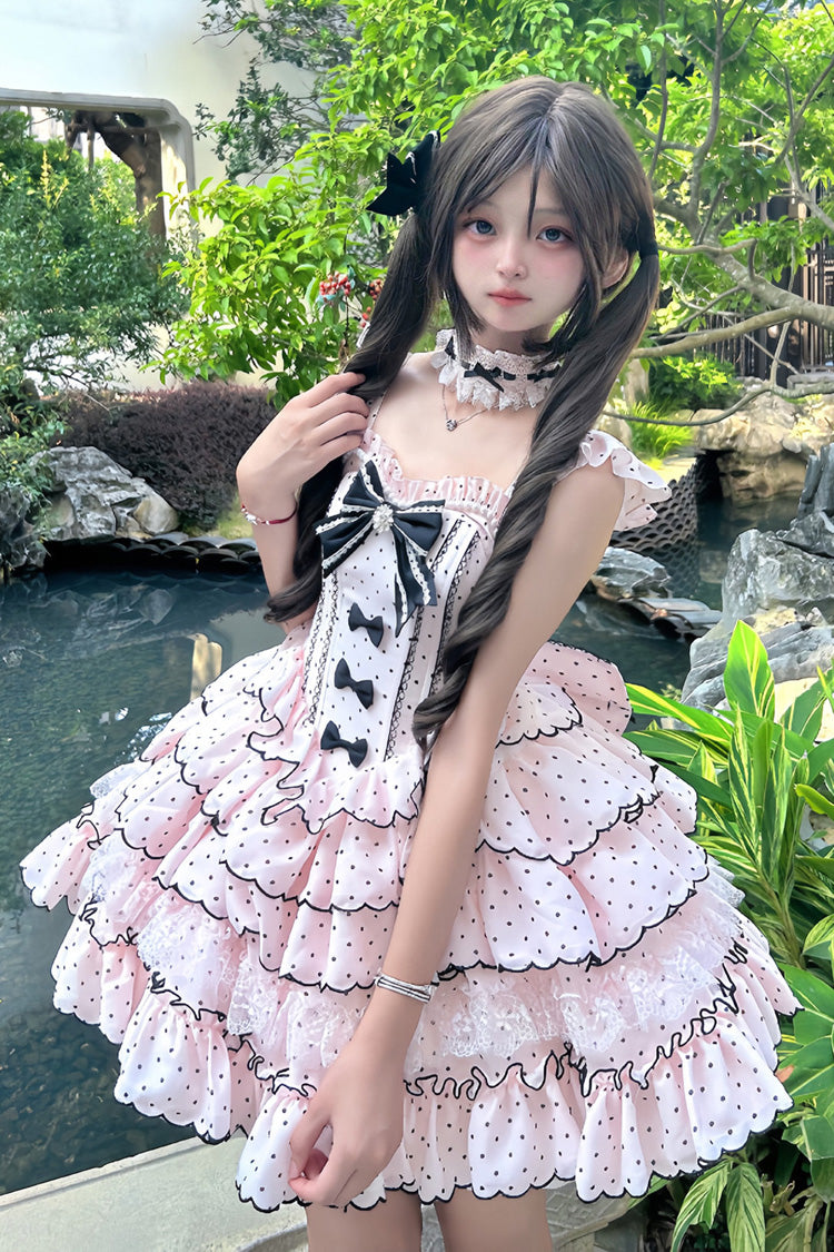 Pink Sleeveless Multi-Layered Polka Dots Printed Ruffled Bow Sweet Princess Lolita Jsk Dress