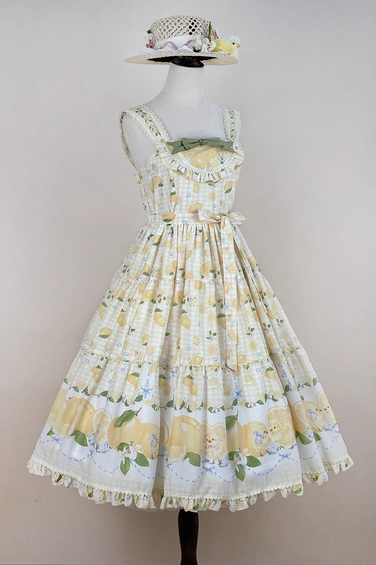 Yellow Lemon Chicken Print Ruffle Bowknot Lace Sweet Lolita Jsk Long Dress