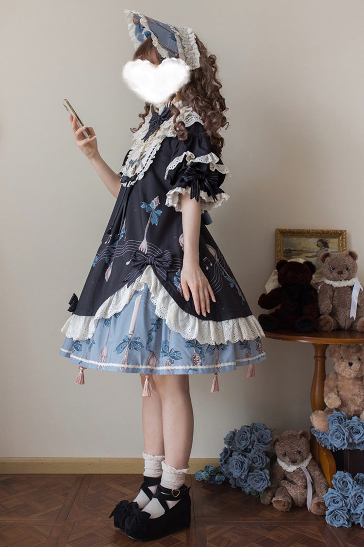 Dark Blue The Witch's Banquet Round Collar Short Sleeves Printed Ruffled Embroidered Bow Asymmetric Sweet Lolita Dress