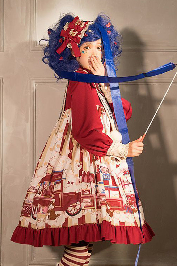 Red Lapel Collar Bowknot Lantern Long Sleeved Popcorn Print Sweet Lolita OP Dress