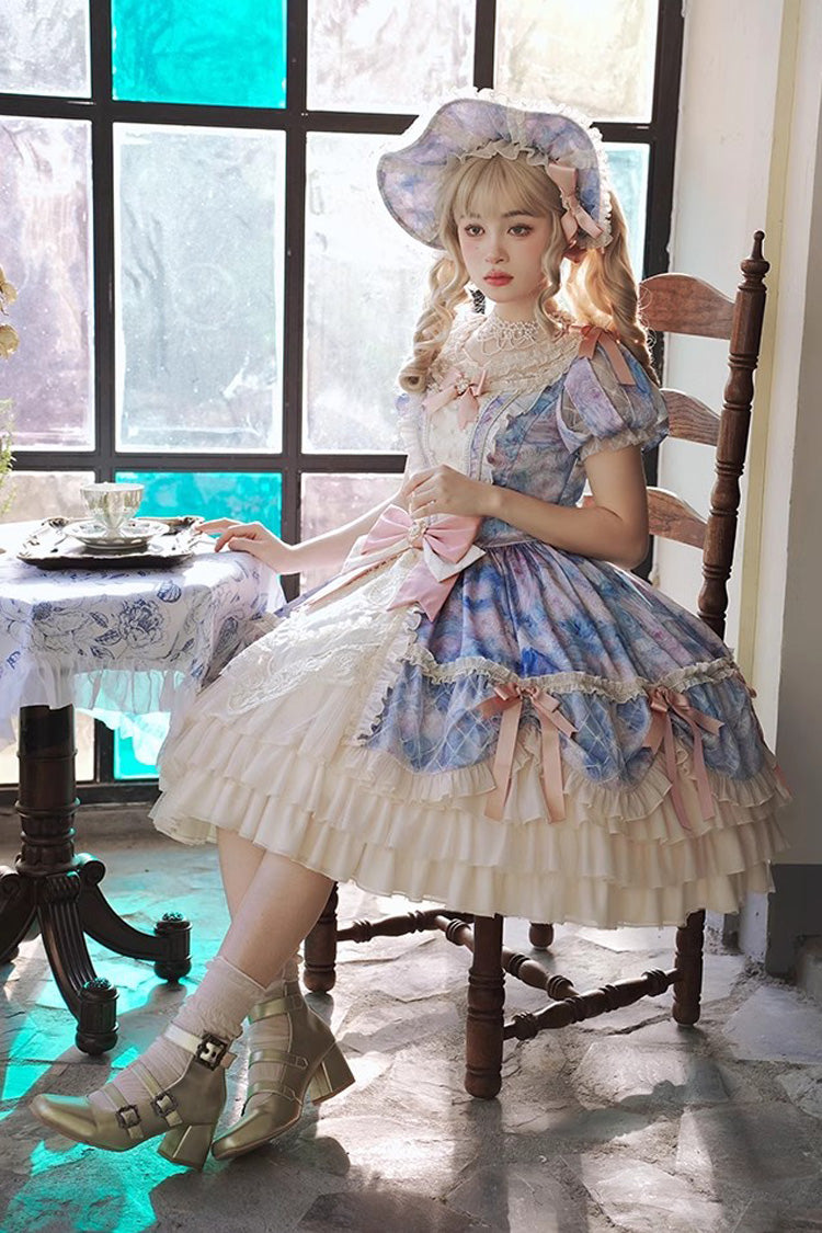 Angel Heart Sky Oil Painting Print Ruffle Cardigan Bowknot Sweet Princess Lolita Dress 3 Colors