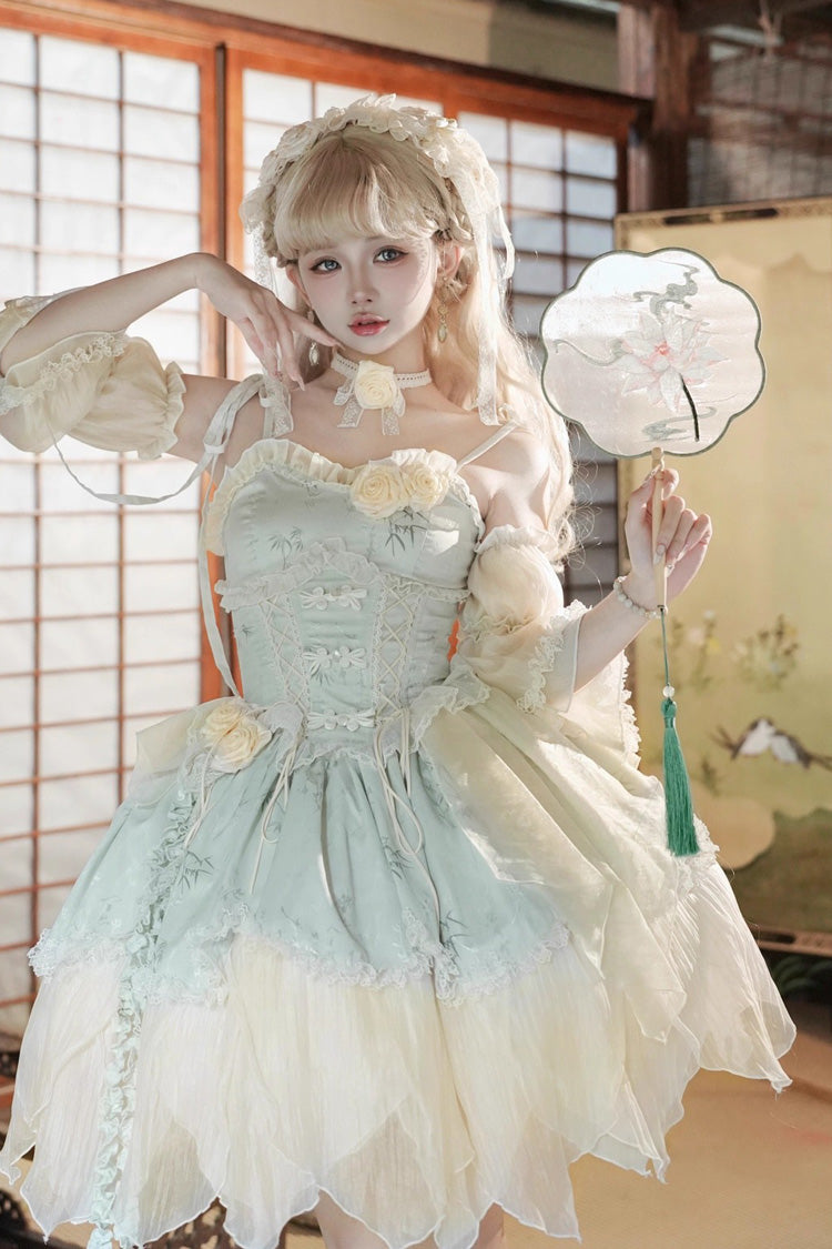 Green Tea Bamboo Song Sleeveless Print Ruffle Bowknot Sweet Chinese Style Elegant Ballet Lolita Jsk Short Dress