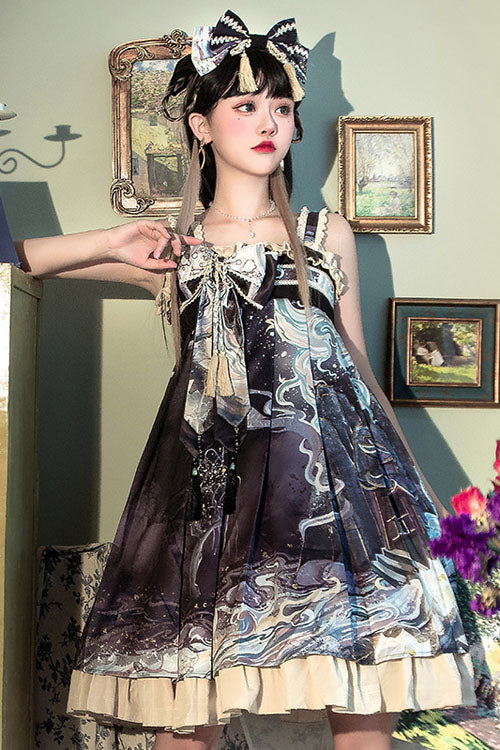 Purple Wave Print Bowknot Chinese Style Hanfu Ruffled Classic Lolita JSK Dress