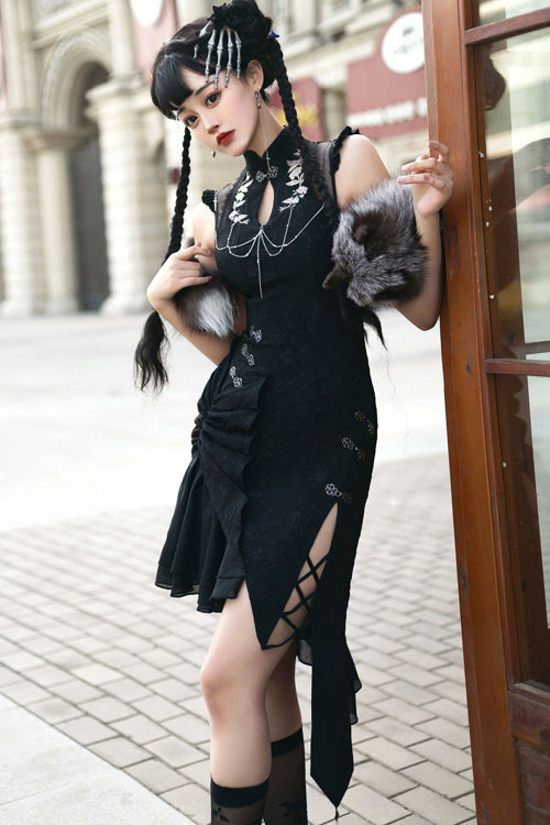 Original Chinese Han Elements Black Embroidered Cheongsam Classic Lolita Hanfu Dress