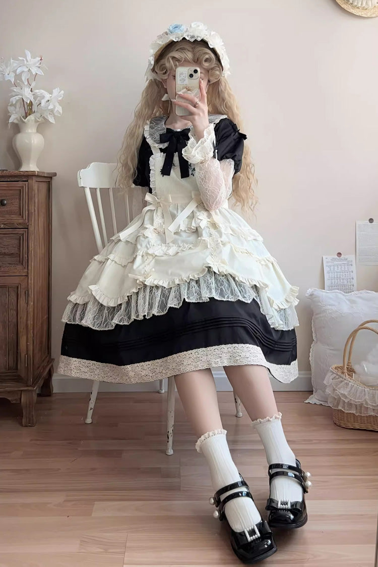Black Mist over Flowers Along the Path Lapel Collar Long Sleeves Embroidery Bowknot Lace Sweet Lolita Dress