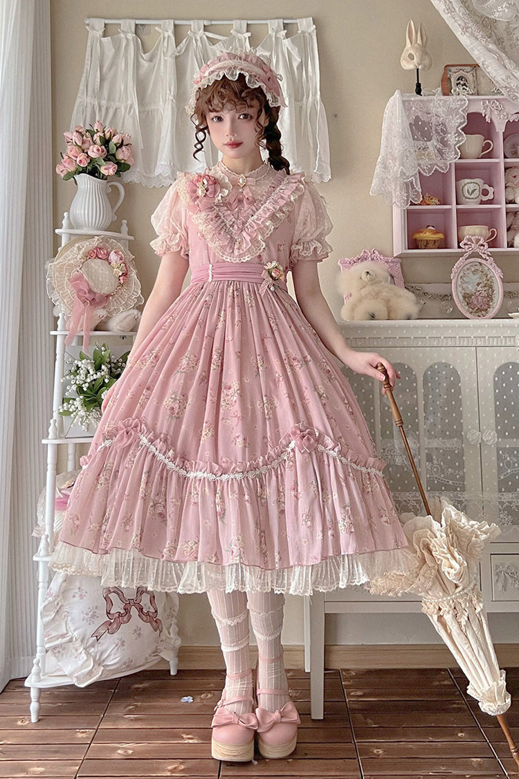 Daydream Rose Short Sleeves Floral Jacquard Print Ruffle Embroidery Bowknot Sweet Lolita Dress 3 Colors