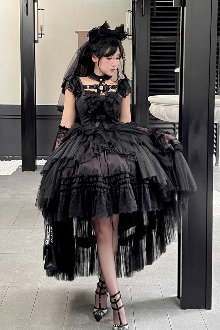 Black Jewelry Love Story Halterneck Ruffle Hanayome Bowknot Lace Gothic Lolita Dress