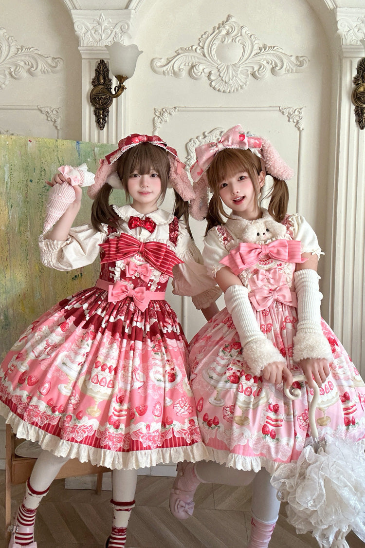 Pink Strawberry Cake Printed Ruffled Bow Daily Sweet Lolita Jsk Dress