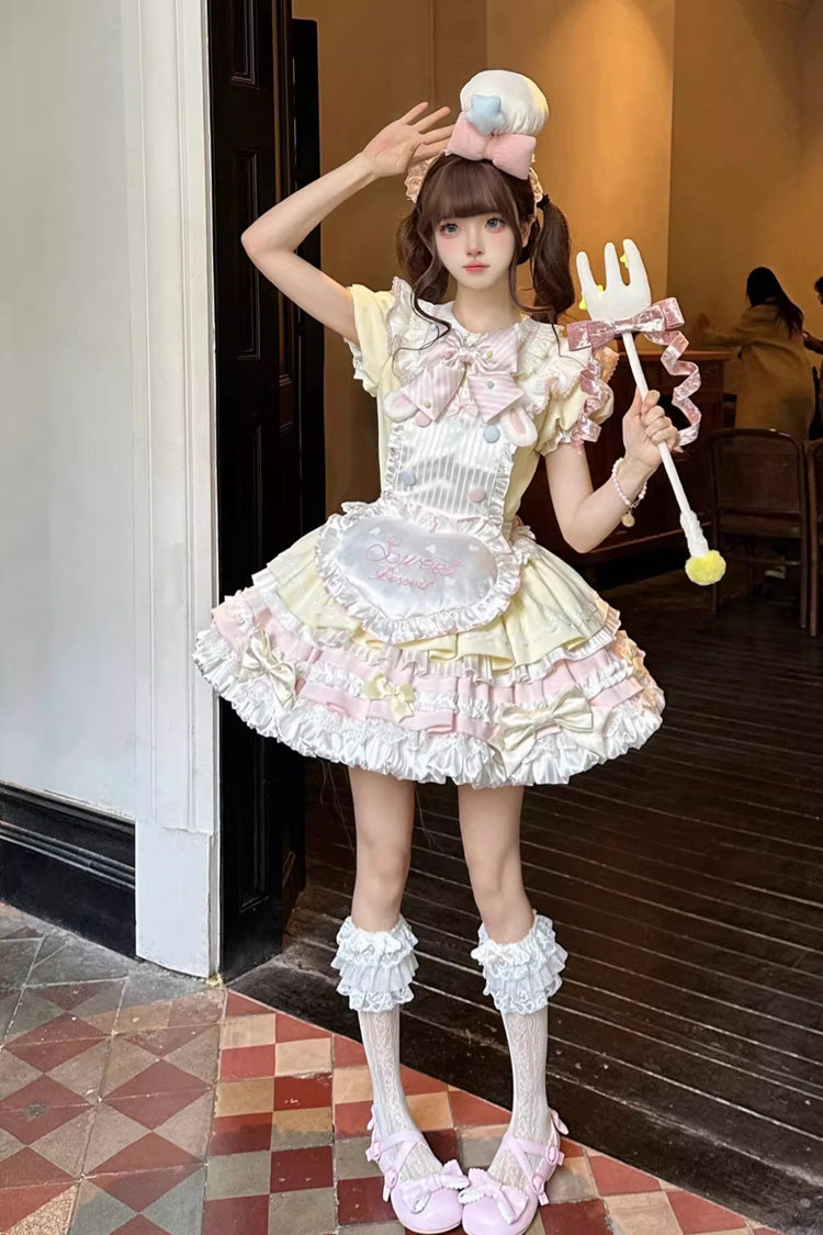 Yellow/Pink Sweet Bunny Chef Short Sleeves Multi-Layered Ruffle Bowknot Sweet Lolita Dress