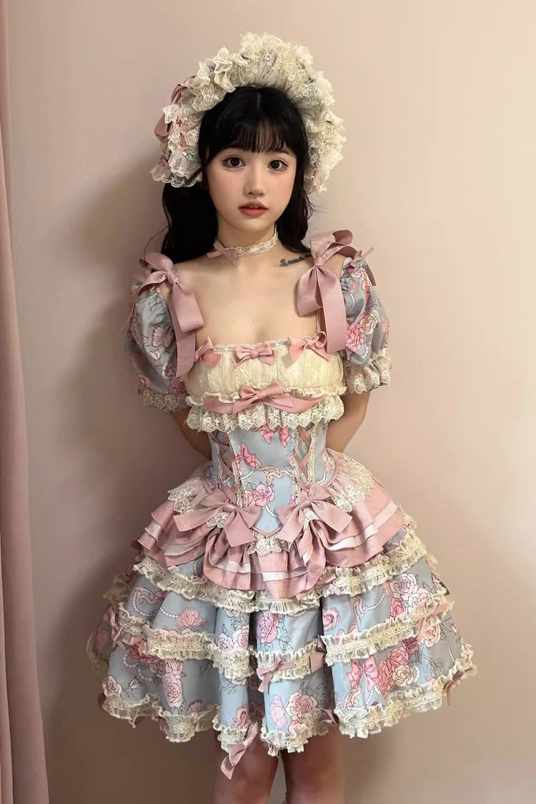 Blue/Pink Gem Rose Multi-Layered Ruffle Bowknot Lace Sweet Princess Lolita Skirt 2 Versions
