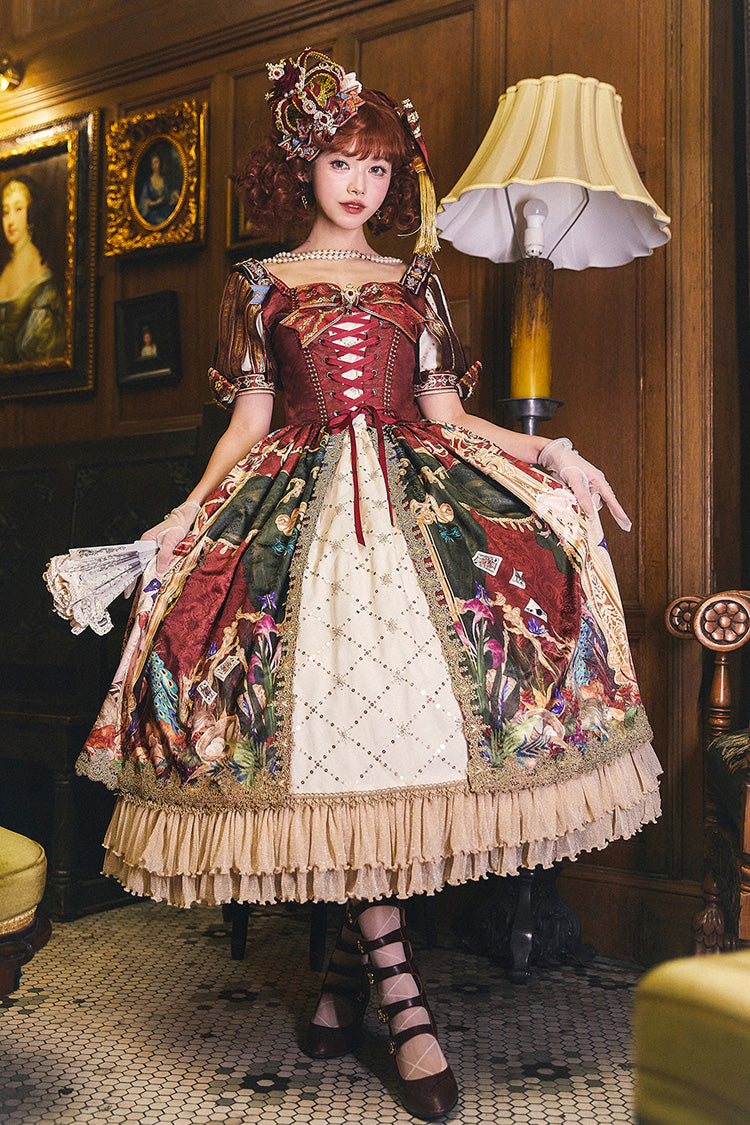 Red Kaleidoscope of Dreams Double-Layered Print Embroidery Bowknot Lace-Up Classic Vintage Gorgeous Lolita Dress