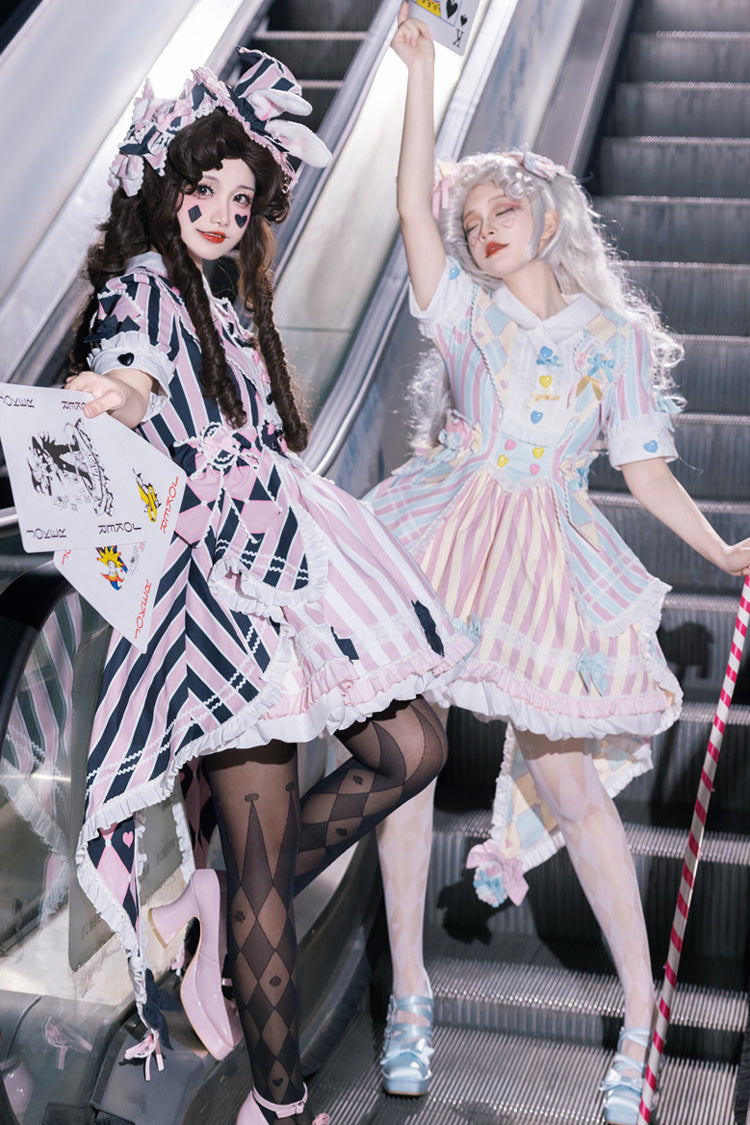 Blue/Pink Short Sleeves Weird Theater Print Ruffle Bowknot Sweet Lolita Dress