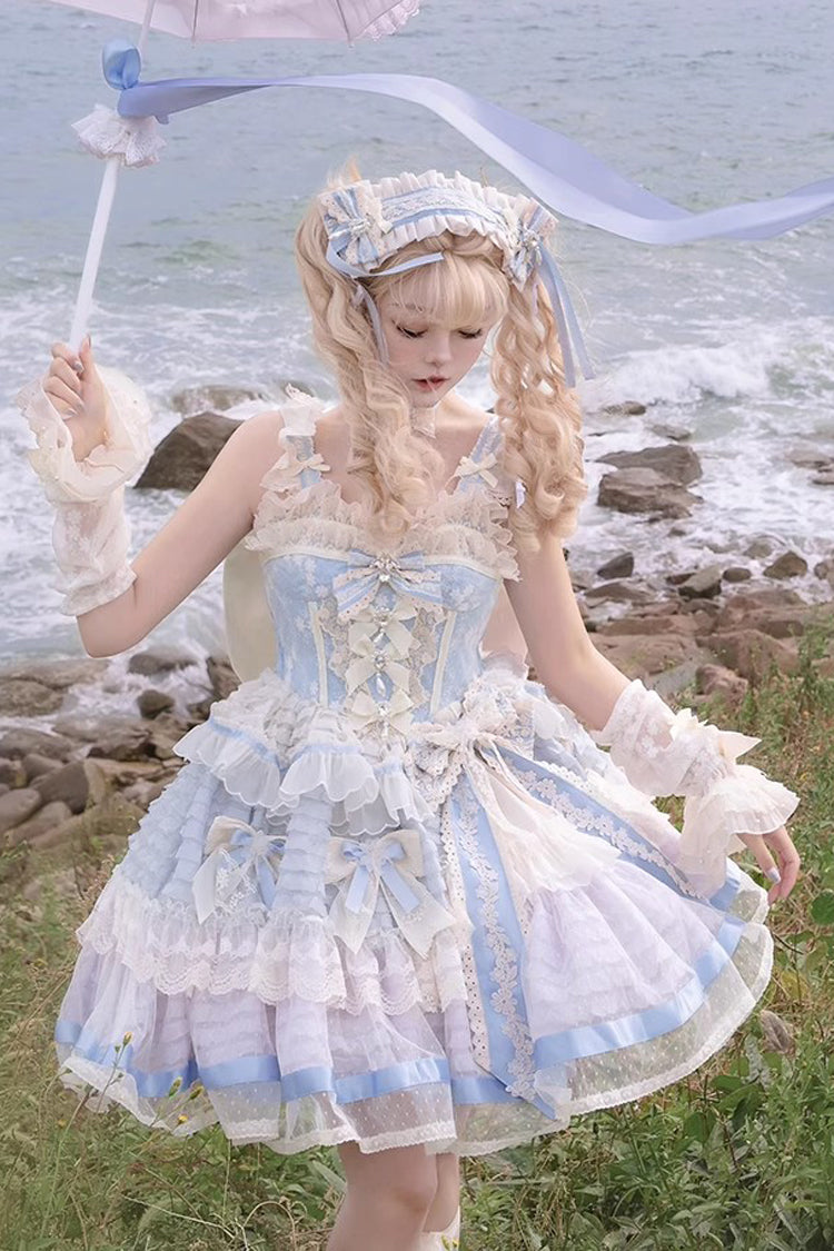 Blue Moonstone Sleeveless Ruffle Embroidery Bowknot Lace Fishbone Sweet Princess Lolita Dress