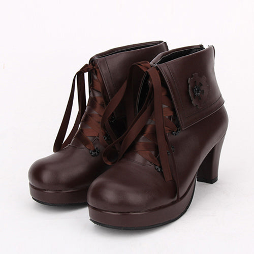 Brown Lace Up High Heel Classic Lolita Short Boots
