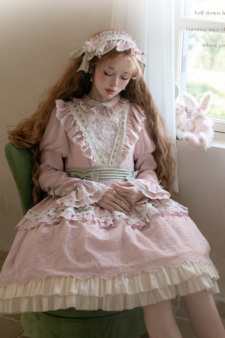 Pink Solitary Orchid In Quiet Valley Long Sleeves Multi-Layered Embroidery Bowknot Sweet Lolita Dress