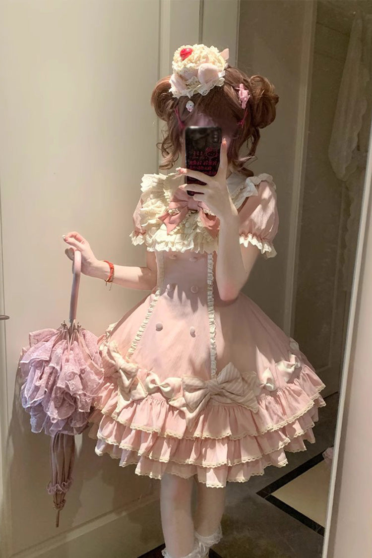 Pink Striped Layered Short Sleeves Multi-Layered Ruffle Bowknot Sweet Princess Lolita Tiered Dress