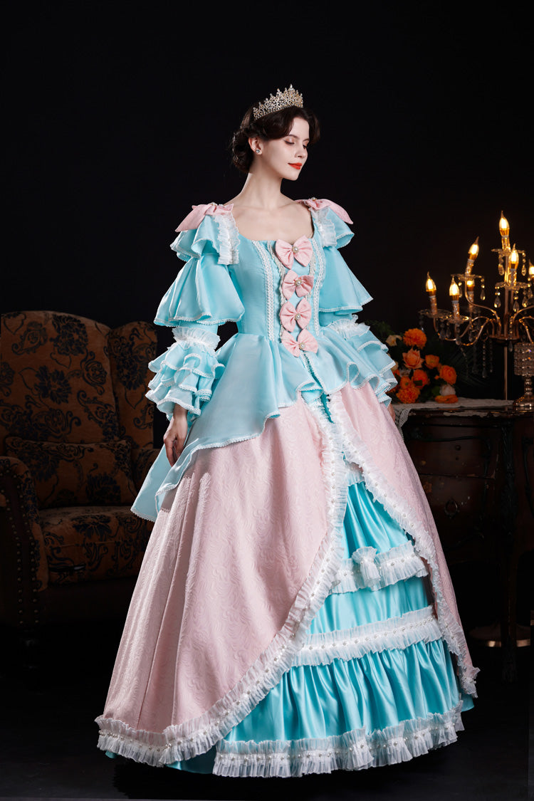 Blue/Pink Square Collar Long Trumpet Sleeves Triple-Layered Ruffled Open-Front Bow Classic Vintage Palace Lolita Victorian Dress
