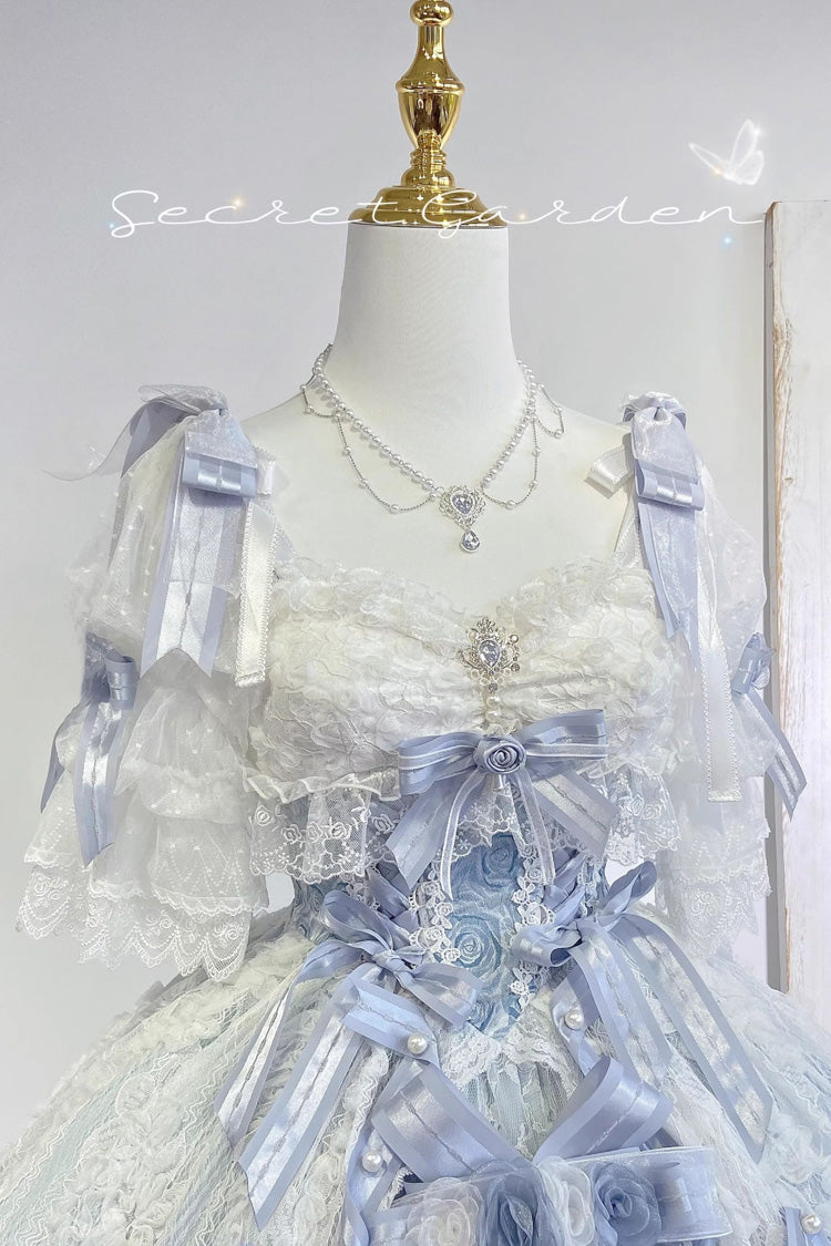 Blue Diane Rose Short Sleeves Multi-Layered Jacquard Ruffle Hanayome Cardigan Bowknot Lace Sweet Lolita Dress