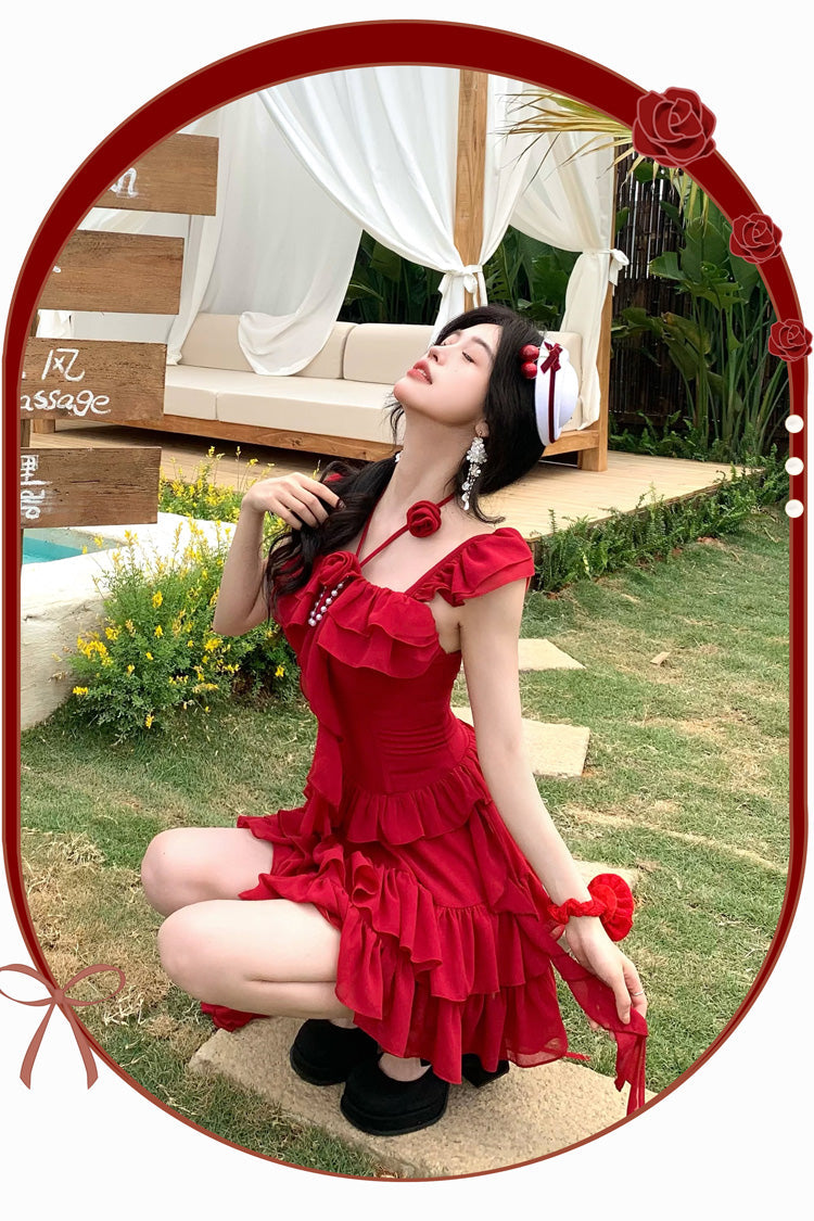 Red Summer Seaside Short Sleeves Triple-Layered Ruffle Bowknot Irregular Holiday Style Sweet Lolita Dress