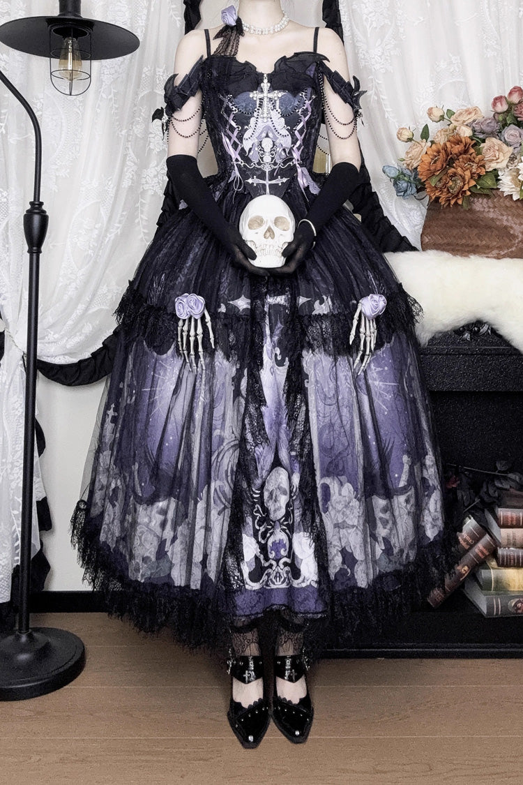 Black/Blue Skull Magic Print Ruffle Bowknot Gothic Elegant Lolita Skirt Two-Piece Set