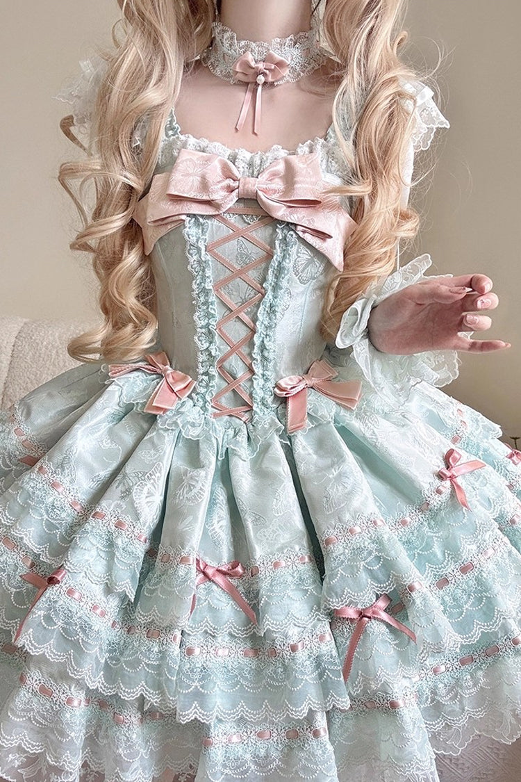 Green Flora Isle Butterfly Sleeveless Ruffle Bowknot Lace Lace-Up Sweet Elegant Lolita Jsk Dress
