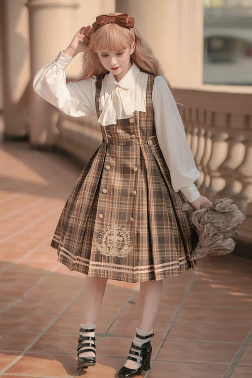 Detective Girl Lapel Collar Double Breasted Embroidery Fake Two Pieces Plaid Sweet Lolita OP Dress