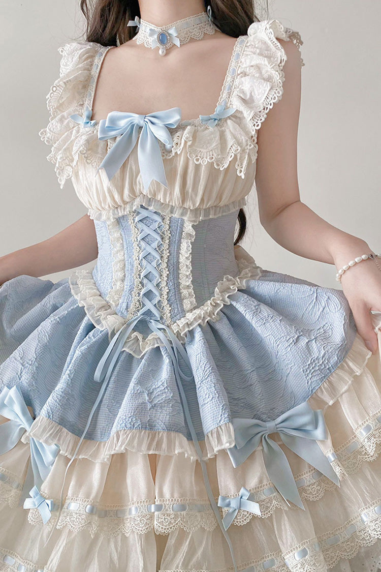 Blue Flory Butterfly Double-Layered Ruffle Bowknot Lace Lace-Up Sweet Ballet Lolita Jsk Dress