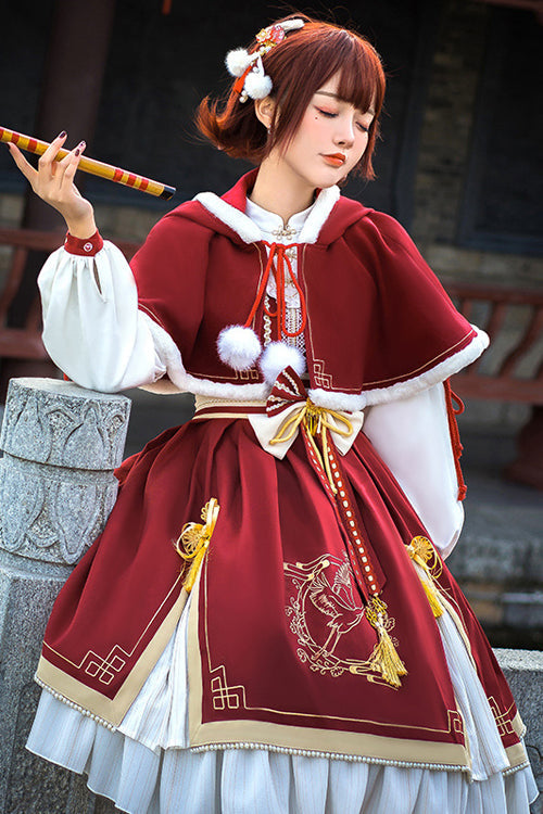 Red Chinese New Year Golden Crane Print Long Sleeve Sweet Lolita OP Dress