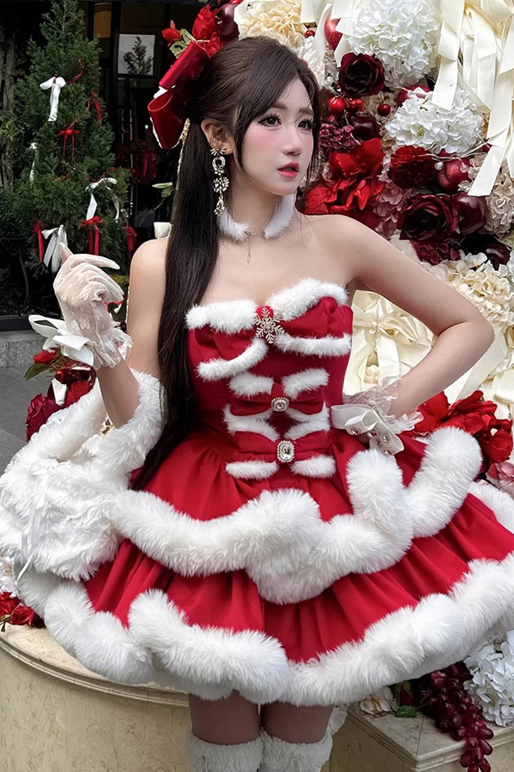 Red Holiday Double-Layered Bowknot Sweet Princess Lolita Strapless Dress