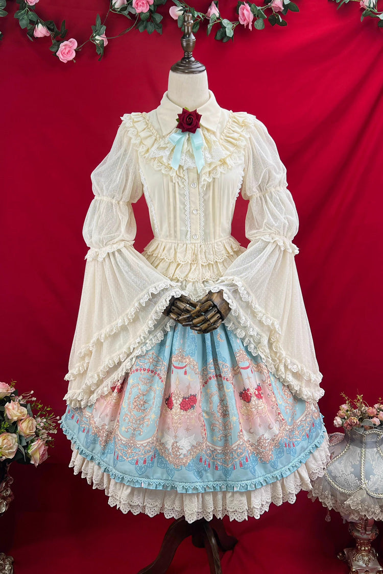 Blue Moonlit Garden Secret Print Ruffle Embroidery Lace Sweet Elegant Palace Lolita Skirt