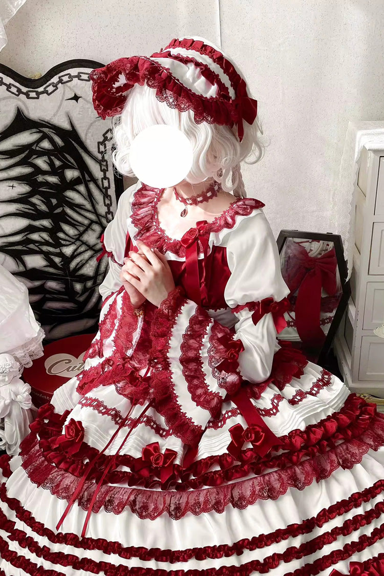 White/Red Layered Red Velvet Short Sleeves Ruffle Bowknot Lace Sweet Lolita Dress