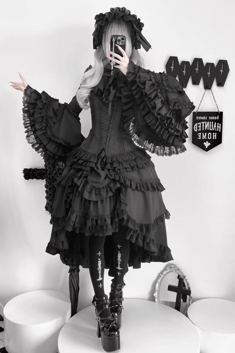 Black Immortal Phoenix Long Hime Sleeves Multi-Layered Ruffled Bow Lace-Up Gothic Lolita Skirt Dress Set