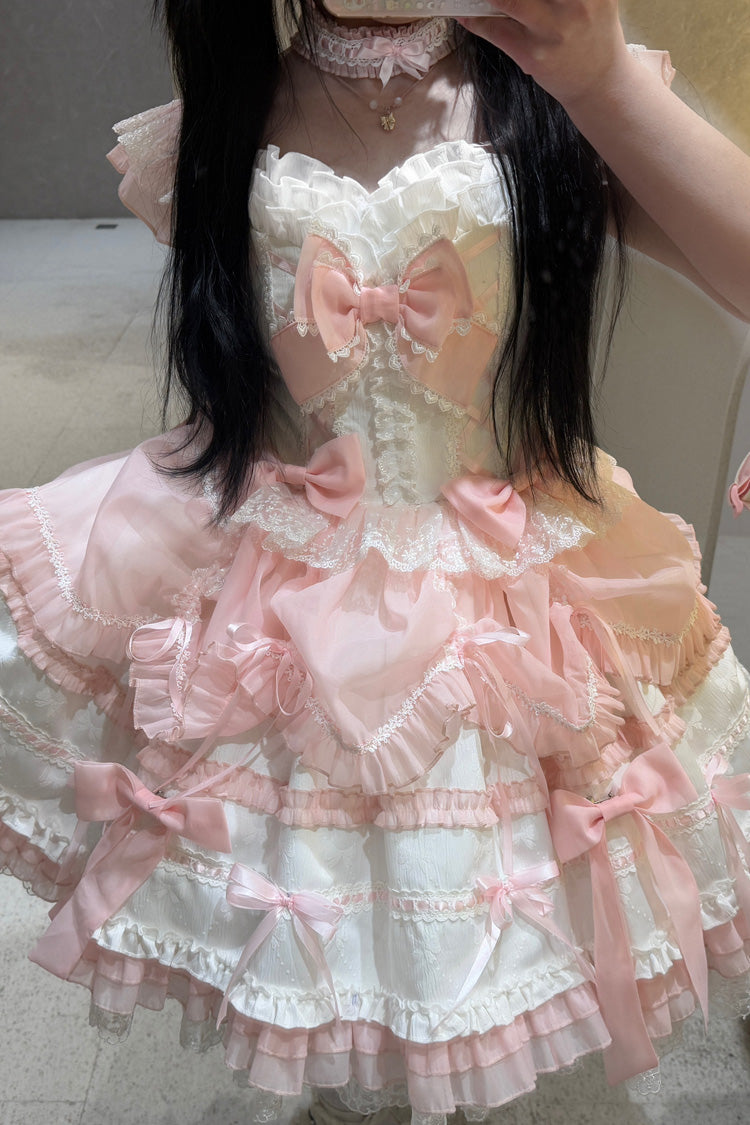 White/Pink Sleeveless Triple-Layered Ruffled Bow Lace Sweet Princess Ballet Lolita Jsk Dress