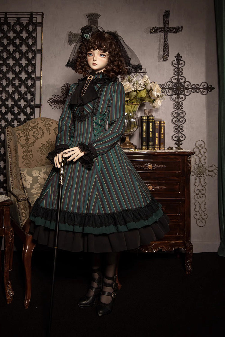 Point Manor Stand Collar Long Sleeves Multi-layer Striped Print Ruffle Gothic Lolita Dress 4 Colors
