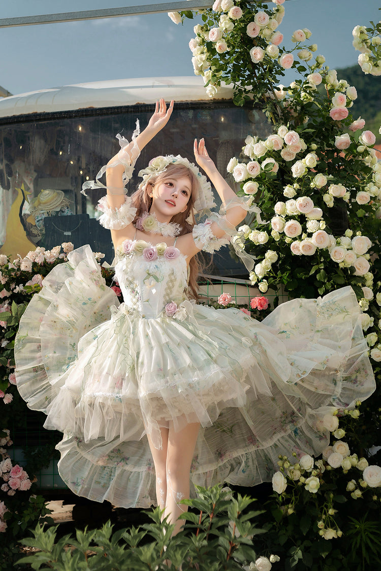 Green Spring Rose Sleeveless Multi-Layered Bowknot Lace-Up Fishbone Sweet Lolita Jsk Dress