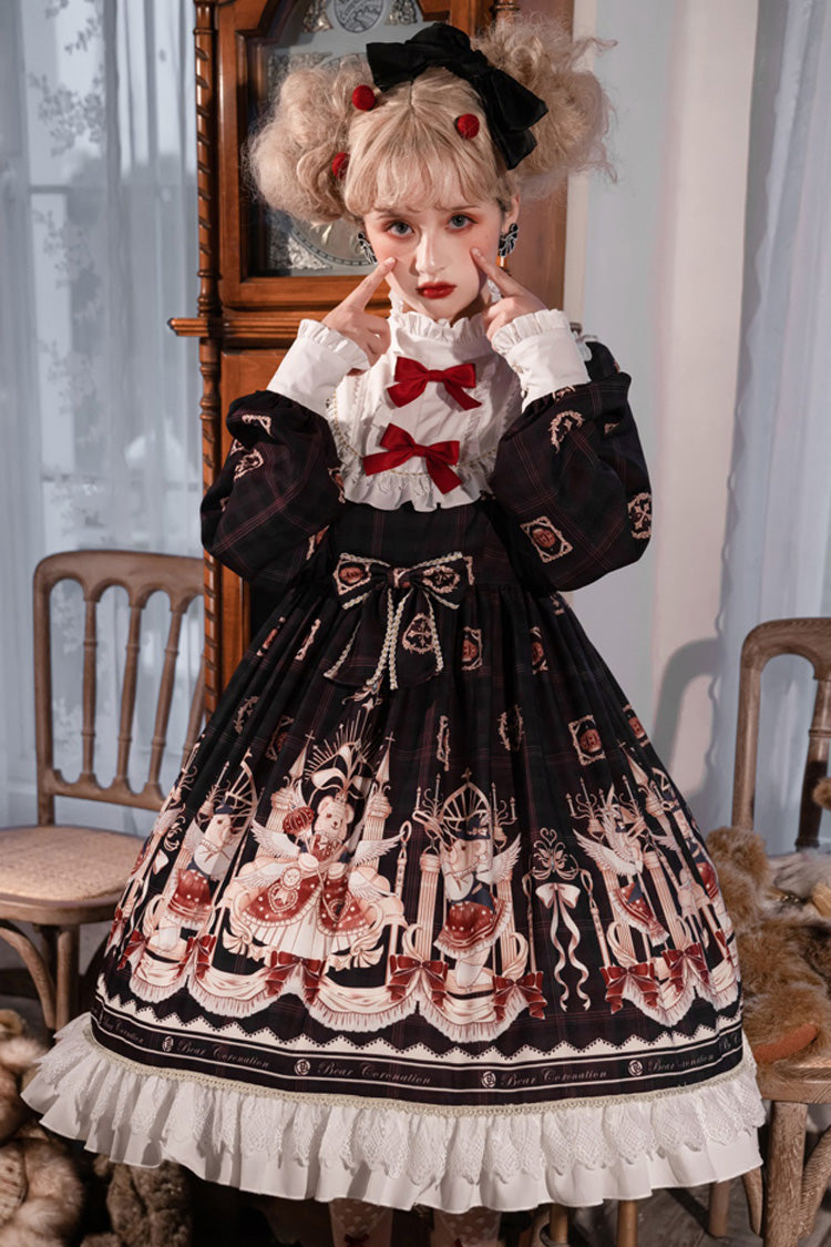 Doll Collar Lantern Long Sleeves Stitching Bear Paradise Print Ruffled Hanayome Sweet Lolita Op Dress