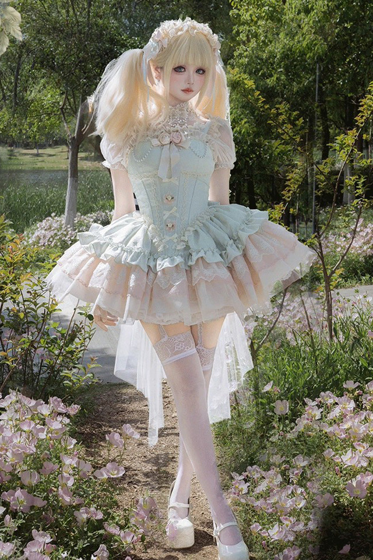 Green Fleeting Light and Shallow Dream Sleeveless Multi-Layered Ruffle Bowknot Lace Slim Sweet Ballet Lolita Jsk Dress