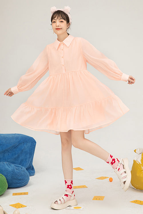 Orange Polo Neck Organza Puff Sleeve Single Breasted Sweet Lolita OP Dress
