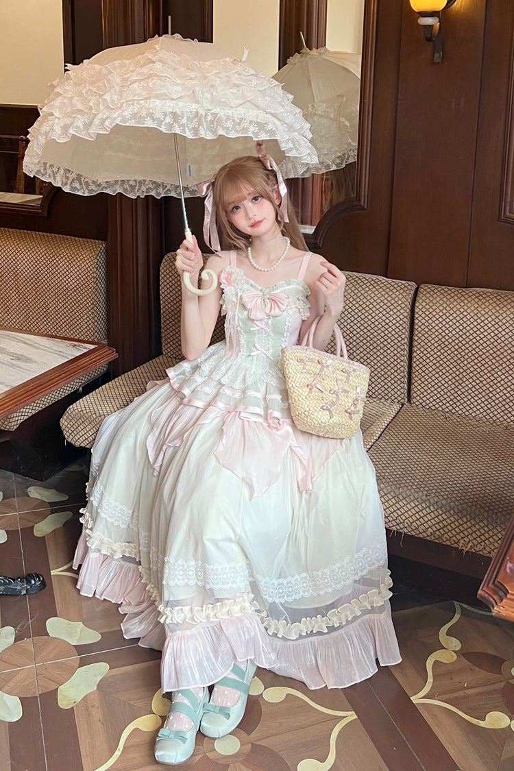 Pink/Green Summer Garden Ruffle Embroidery Bowknot Lace Sweet Lolita Jsk Long Dress