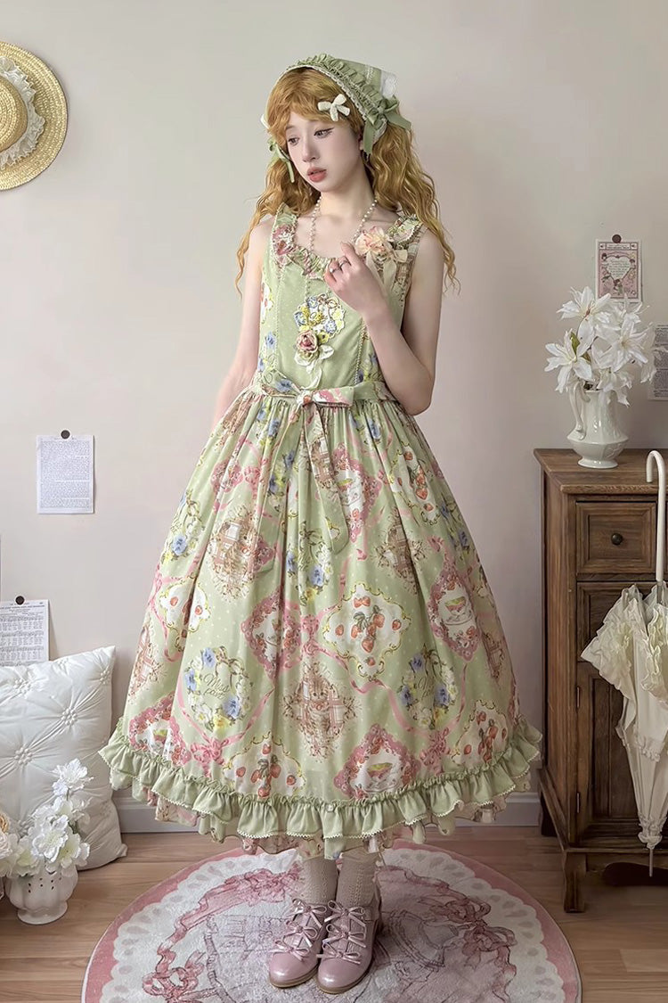 Green Cat Rose Tea Sleeveless Print Ruffle Bowknot Sweet Lolita Jsk Dress