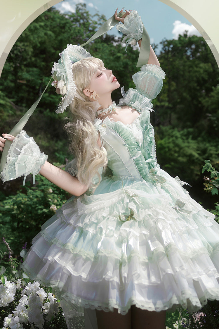 Green Tulip and Wind Chime Multi-Layered Ruffle Bowknot Lace Sweet Gorgeous Lolita Jsk Dress