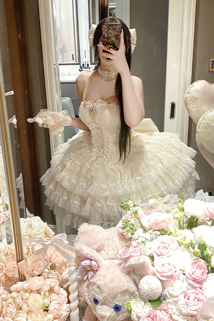 Beige Heartbeat at First Sight Off Shoulder Sleeveless Multi-Layered Ruffle Bowknot Lace Lace-Up Sweet Princess Gorgeous Lolita Dress