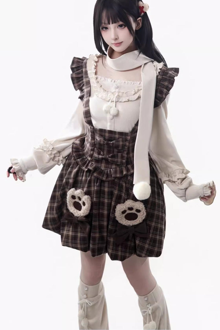 Brown Fluffy Little Bear Sleeveless Printed Ruffled Bow Sweet Lolita Strap Dress